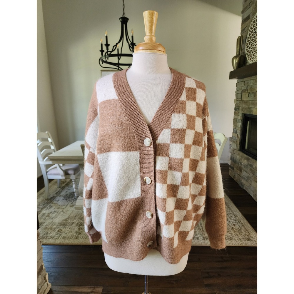 Botuique Tan White Checkered Oversized Button Front Cardigan Sweater Small
